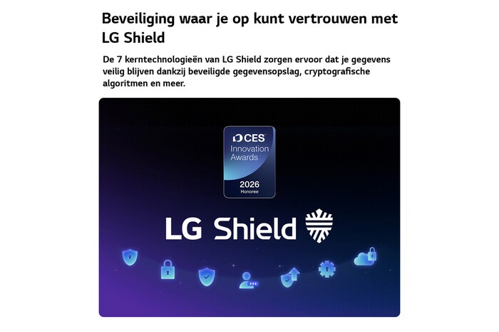 LG Shield, toegepast op LG QNED AI QNED70 Mini LED, wordt weergegeven met een LG Shield-logo in het midden, beveiligingspictogrammen onderaan en bovenaan een CES Innovation Awards 2026-badge met eervolle vermelding, die staat voor gegevens- en systeembescherming.
